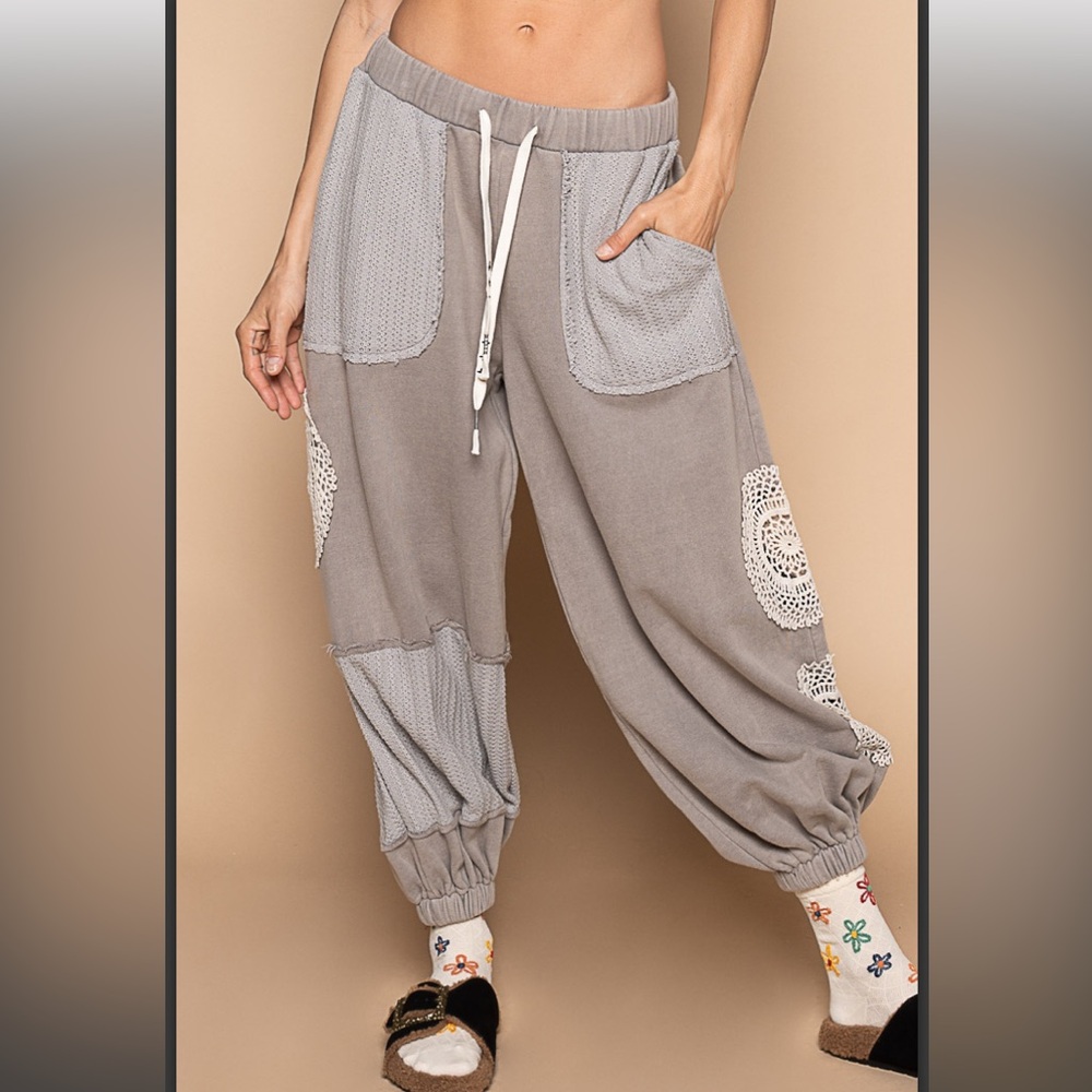POL Gray Patchwork Crochet Harem Pants - image 1